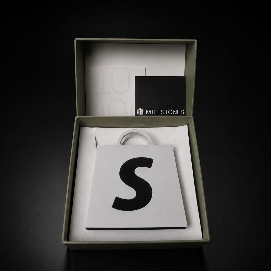 Shopify Milestones award box for 100,000 orders, won by Prestige Styles